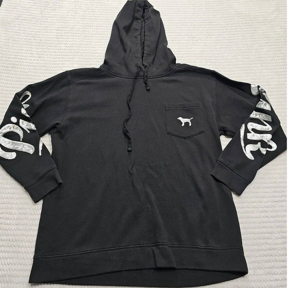 Victoria's Secret Tops - Victorias Secret Pink Sweatshirt Womens Medium Black Hooded Sequin Pockets